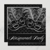 白黒マスクマスカレードボールパーティの招待状 招待状 (正面/裏面)