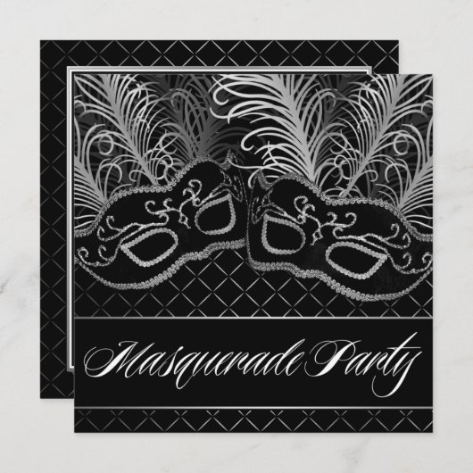 白黒マスクマスカレードボールパーティの招待状 招待状 (正面/裏面)