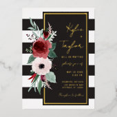 白黒マゼンダストライプフローラ金ゴールド結婚 箔招待状 (正面)