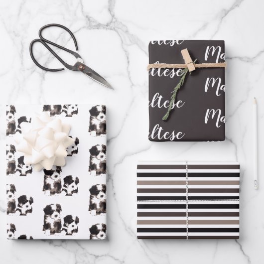 白黒マルチーズ子犬 ラッピングペーパーシート (正面)