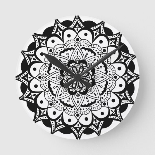 白黒マンダラアートアクリルウォールクロック ラウンド壁時計 (正面)