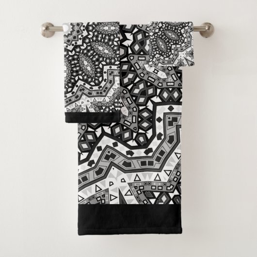 白黒マンダラ、万華鏡のように千変万化するパターン、ラウンドオーナメント バスタオルセット (インサイチュ)