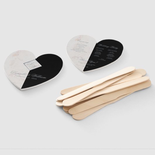 白黒マーブルグレーモノグラム結婚式 プログラム ハンドファン (組立なし)