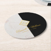 白黒マーブルモノグラム金ゴールドエレガントウェディング ラウンドペーパーコースター (アングル)