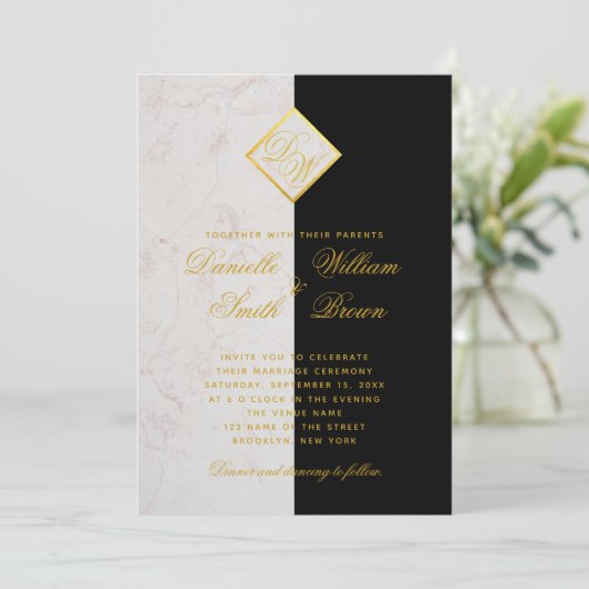 白黒マーブルモノグラム金ゴールドエレガントウェディング 招待状 (スタンド正面)