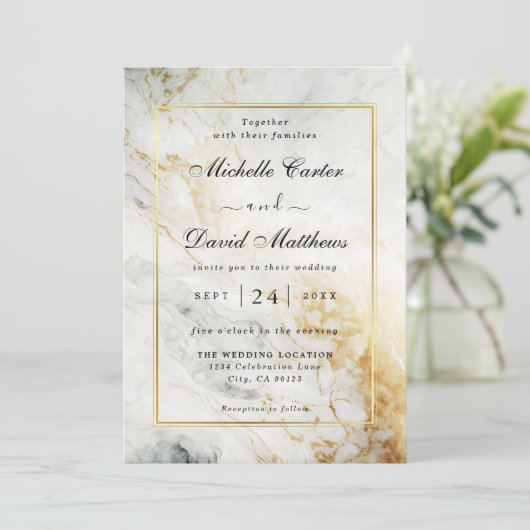 白黒マーブル結婚式招待状 セーブザデート (スタンド正面)