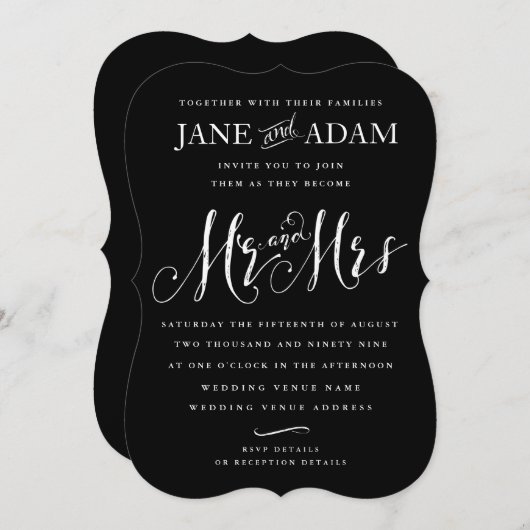 白黒ミスター&ミセスタイポグラフィ結婚式招待状 招待状 (正面/裏面)