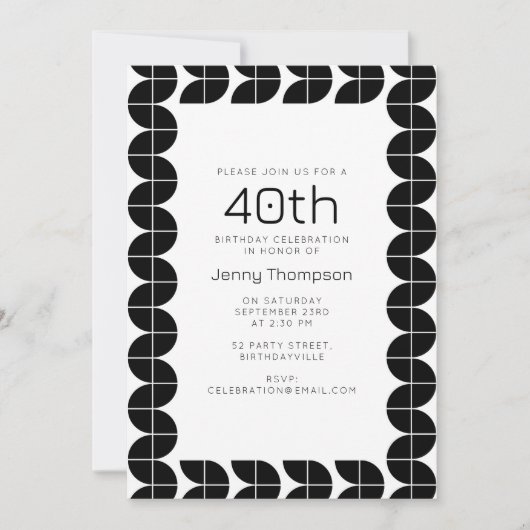 白黒ミッドセンチュリーモダン抽象芸術誕生日 招待状 (正面)