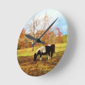 白黒ミニチュア子馬/馬 ラウンド壁時計 (傾斜)