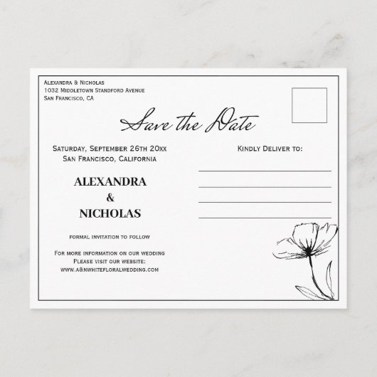 白黒ミニマモダンリスト日付写真の保存 案内ポストカード (裏面)