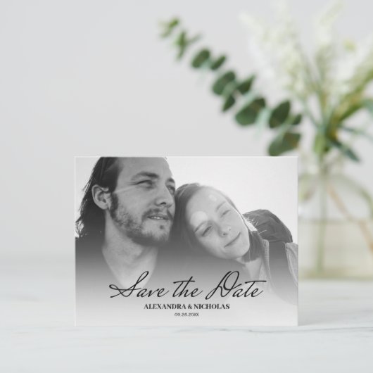 白黒ミニマモダンリスト日付写真の保存 案内ポストカード (スタンド正面)