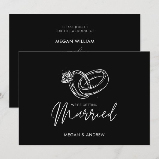 白黒ミニマモダンリスト結婚のリング 招待状 (正面/裏面)