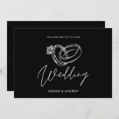 白黒ミニマモダンリスト結婚のリング 招待状 (正面/裏面)