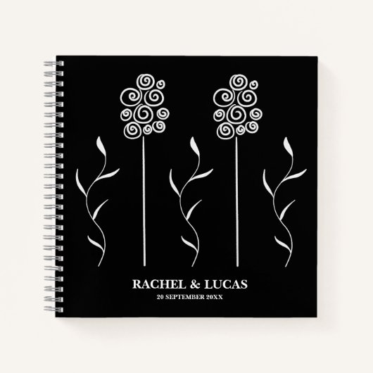 白黒ミニマリストのカーリーフローラ ノートブック (正面)