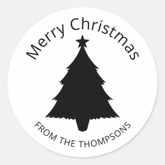 白黒ミニマリストのクリスマスツリーとスター ラウンドシール (正面)