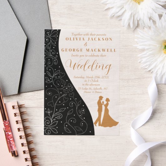 白黒ミニマリストエレガントな結婚式 ベラム紙招待状 (ウェディング)