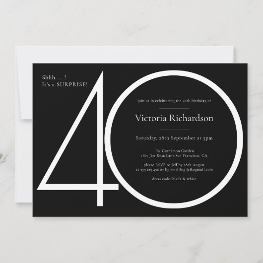 白黒ミニマリストサプライズ40歳の誕生日 招待状 (正面)