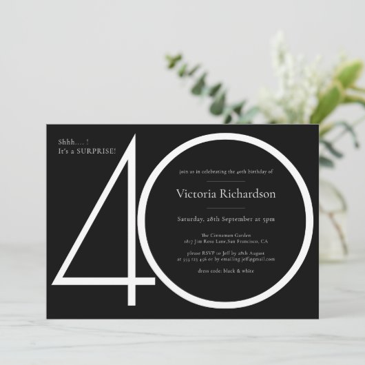 白黒ミニマリストサプライズ40歳の誕生日 招待状 (スタンド正面)