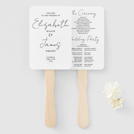 白黒ミニマリストスクリプト結婚式 プログラム ハンドファン (正面&裏面)