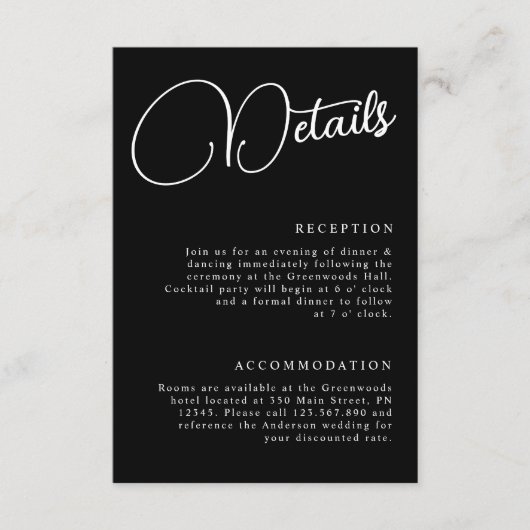 白黒ミニマリストスクリプト詳細結婚の エンクロージャーカード (正面)