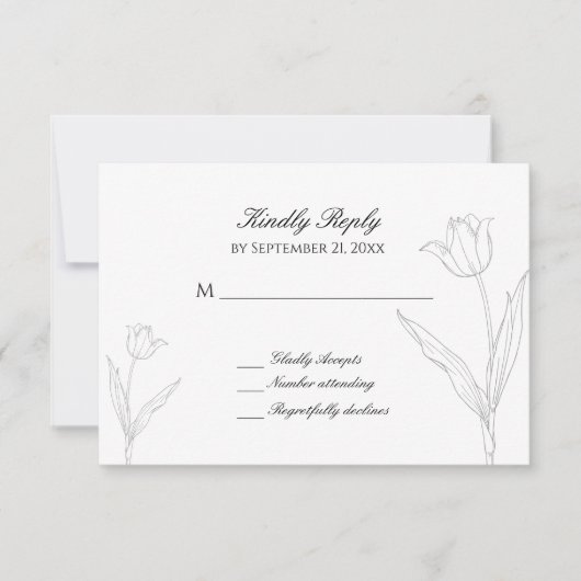 白黒ミニマリストチューリップの結婚式の出欠確認カード 出欠カード (正面)