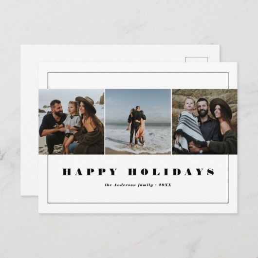 白黒ミニマリストハッピーホリデー3写真 シーズンポストカード (正面/裏面)