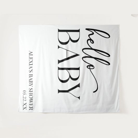 白黒ミニマリストハローベビーベビーシャワー タペストリー (正面(横))