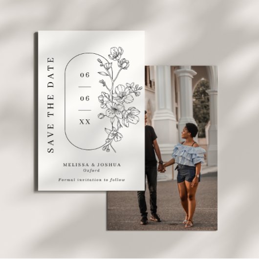 白黒ミニマリストフローラ結婚写真 セーブザデート