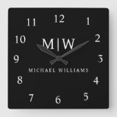 白黒ミニマリストモノグラムモダン スクエア壁時計 (正面)