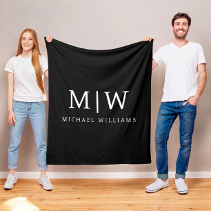 白黒ミニマリストモノグラムモダン フリースブランケット