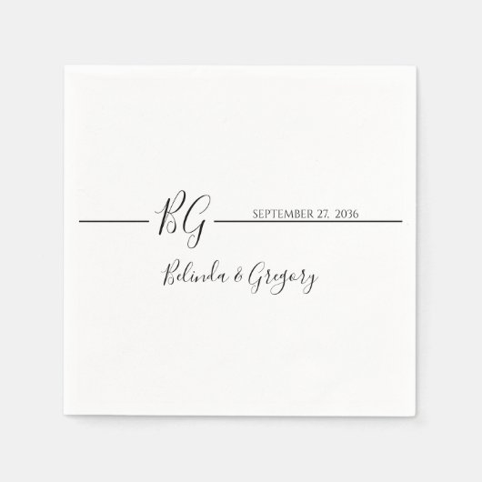 白黒ミニマリストモノグラム結婚ズ スタンダードカクテルナプキン (正面)