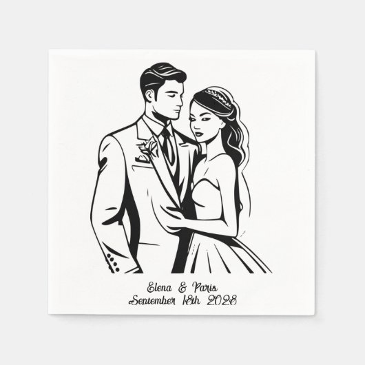 白黒ミニマリスト結婚カップル スタンダードカクテルナプキン (正面)