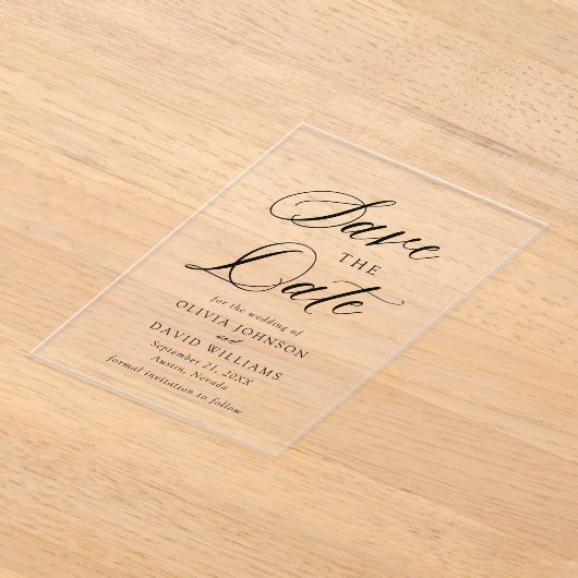 白黒ミニマリスト結婚式の日付を保存 アクリル招待状 (レイダウン)