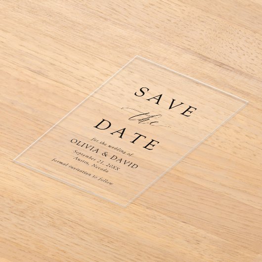 白黒ミニマリスト結婚式の日付を保存 アクリル招待状 (レイダウン)