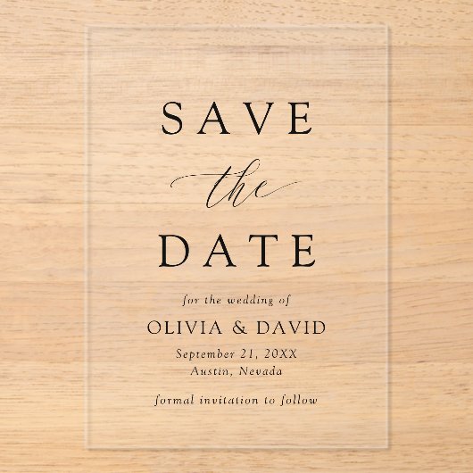 白黒ミニマリスト結婚式の日付を保存 アクリル招待状 (正面)