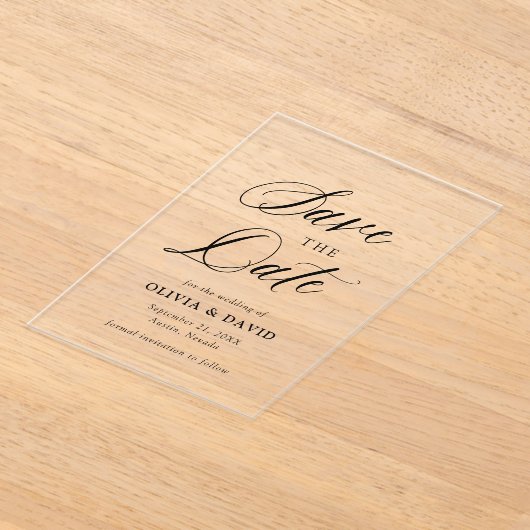 白黒ミニマリスト結婚式の日付を保存 アクリル招待状 (レイダウン)