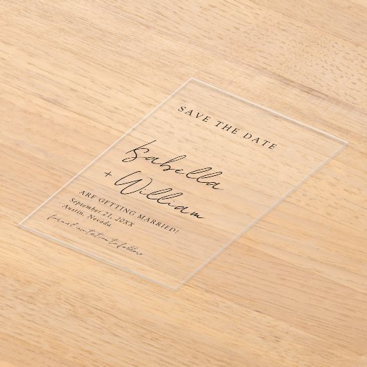 白黒ミニマリスト結婚式の日付を保存 アクリル招待状 (レイダウン)