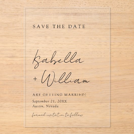 白黒ミニマリスト結婚式の日付を保存 アクリル招待状 (正面)