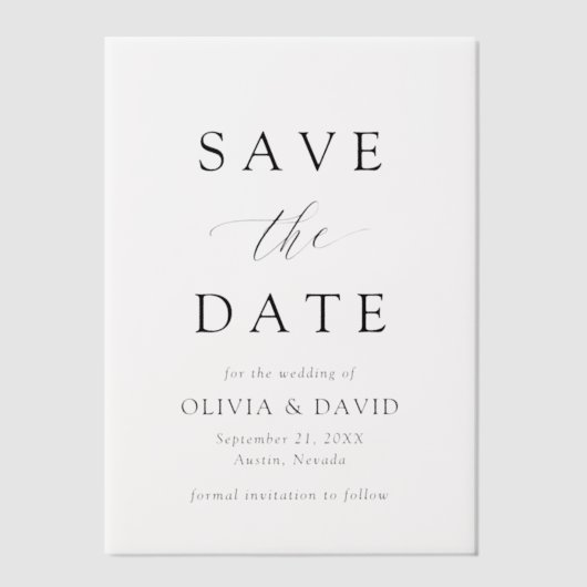 白黒ミニマリスト結婚式の日付を保存 ベラム紙招待状 (正面)