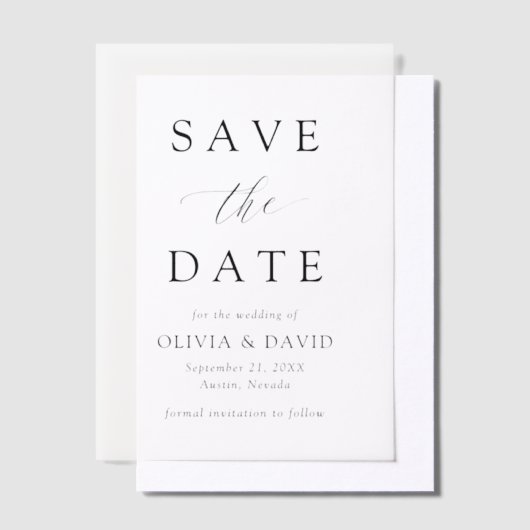 白黒ミニマリスト結婚式の日付を保存 ベラム紙招待状 (オフセット)