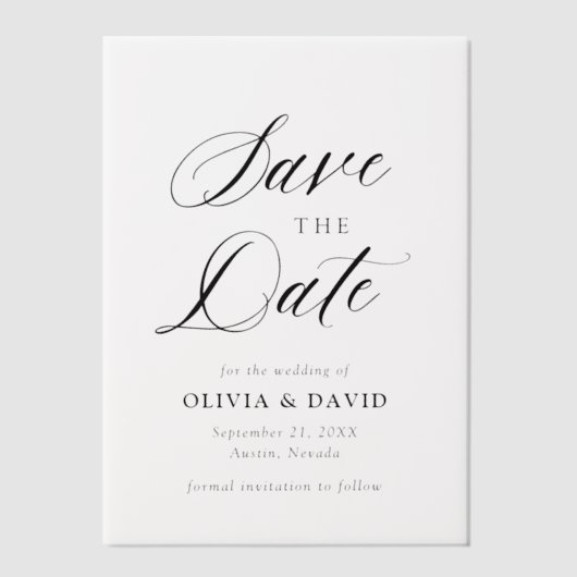 白黒ミニマリスト結婚式の日付を保存 ベラム紙招待状 (正面)