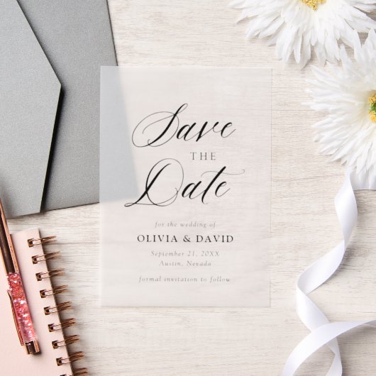 白黒ミニマリスト結婚式の日付を保存 ベラム紙招待状 (ウェディング)