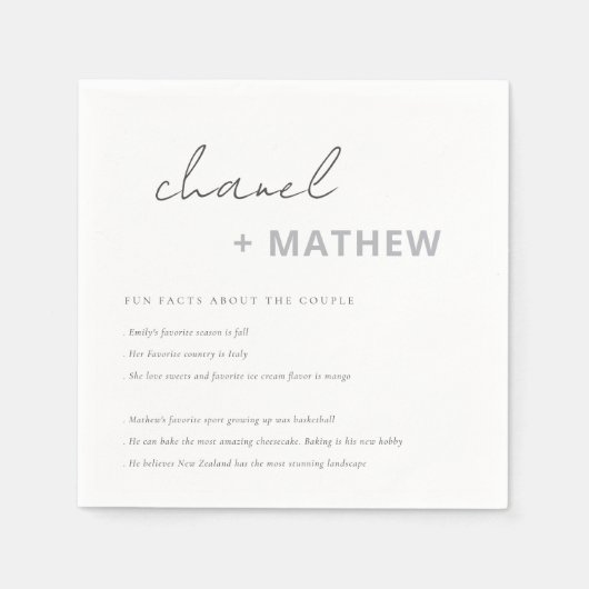 白黒ミニマルのスクリプトタイポグラフィおもしろいファクト スタンダードカクテルナプキン (正面)