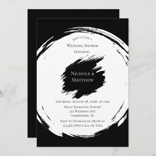 白黒ミニマルエレガントリストウェディングシャワー 招待状 (正面/裏面)