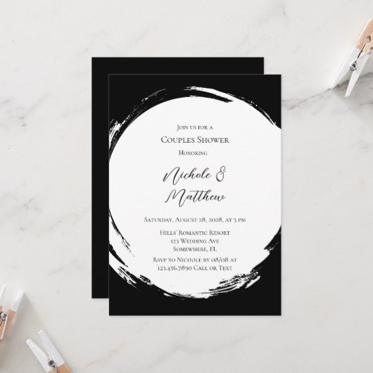 白黒ミニマルエレガントリストカップルのシャワー 招待状 (正面/裏面インサイチュ)