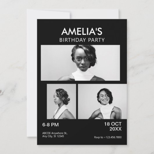 白黒ミニマルエレガント主義の誕生日 招待状 (正面)