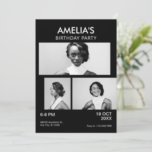 白黒ミニマルエレガント主義の誕生日 招待状 (スタンド正面)