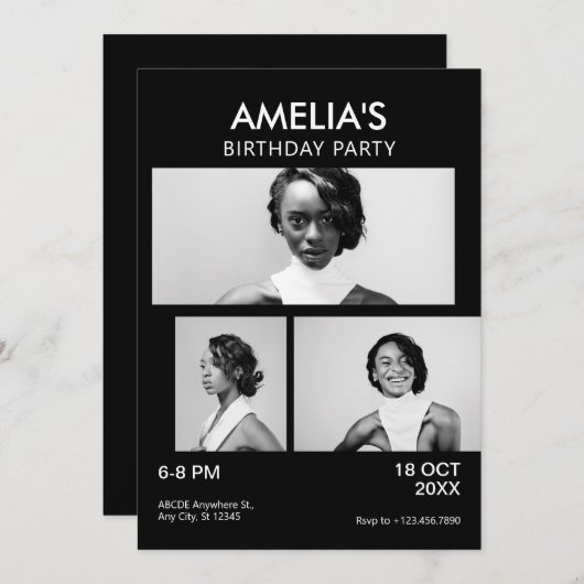 白黒ミニマルエレガント主義の誕生日 招待状 (正面/裏面)