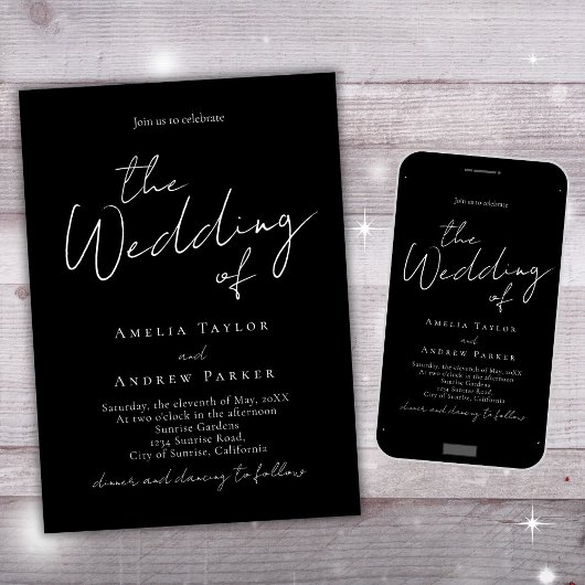 白黒ミニマルスエレガントクリプトQRコ結婚ード 招待状