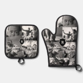 白黒ミニマルフォトコラージモノグラムクレスト 鍋つかみ&鍋敷きセット (正面)